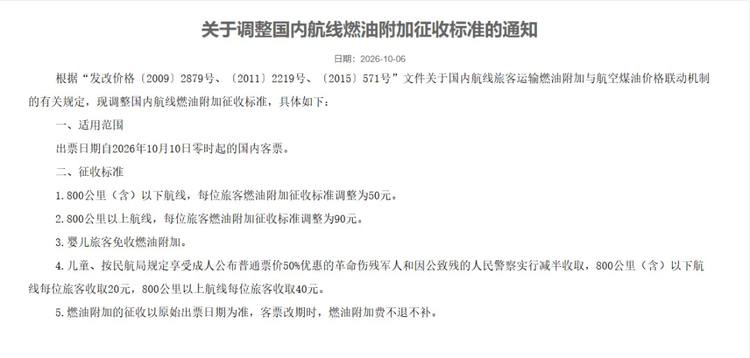 国内航线燃油附加费10月10日起上调！